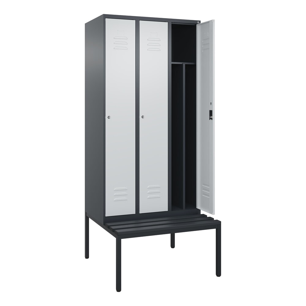 Produktabbildung: C+P Spind Classic PLUS, 3 Abteile, Trennwand, HxBxT 2.120 x 900 x 815 mm, Zylinderschloss, Trennwand, untergebaute Bank aus Kunststoff, anthrazitgrau, lichtgrau