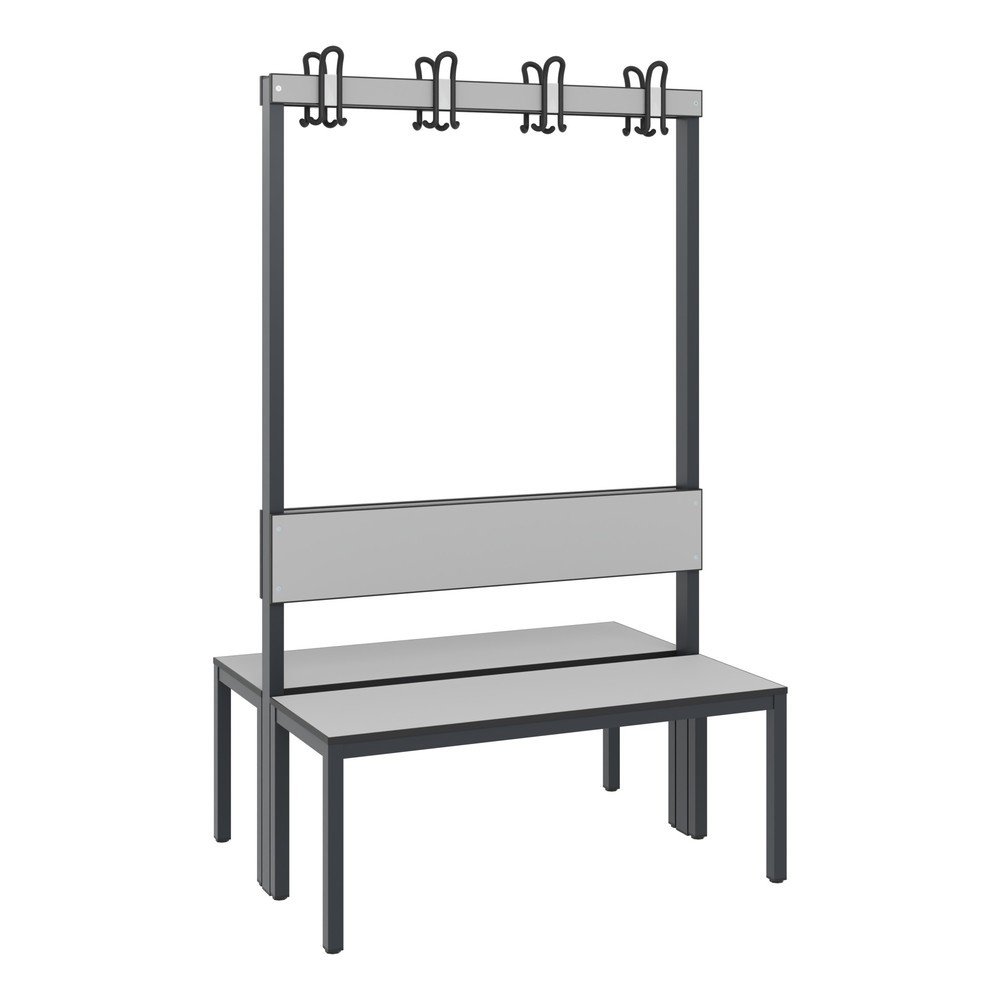 Produktabbildung: C+P Umkleidesitzbank Basic Plus, Länge 1.000 mm, doppelseitig, mit Rückenlehne, 2x4 Doppelhaken, schwarzgrau/silbergrau