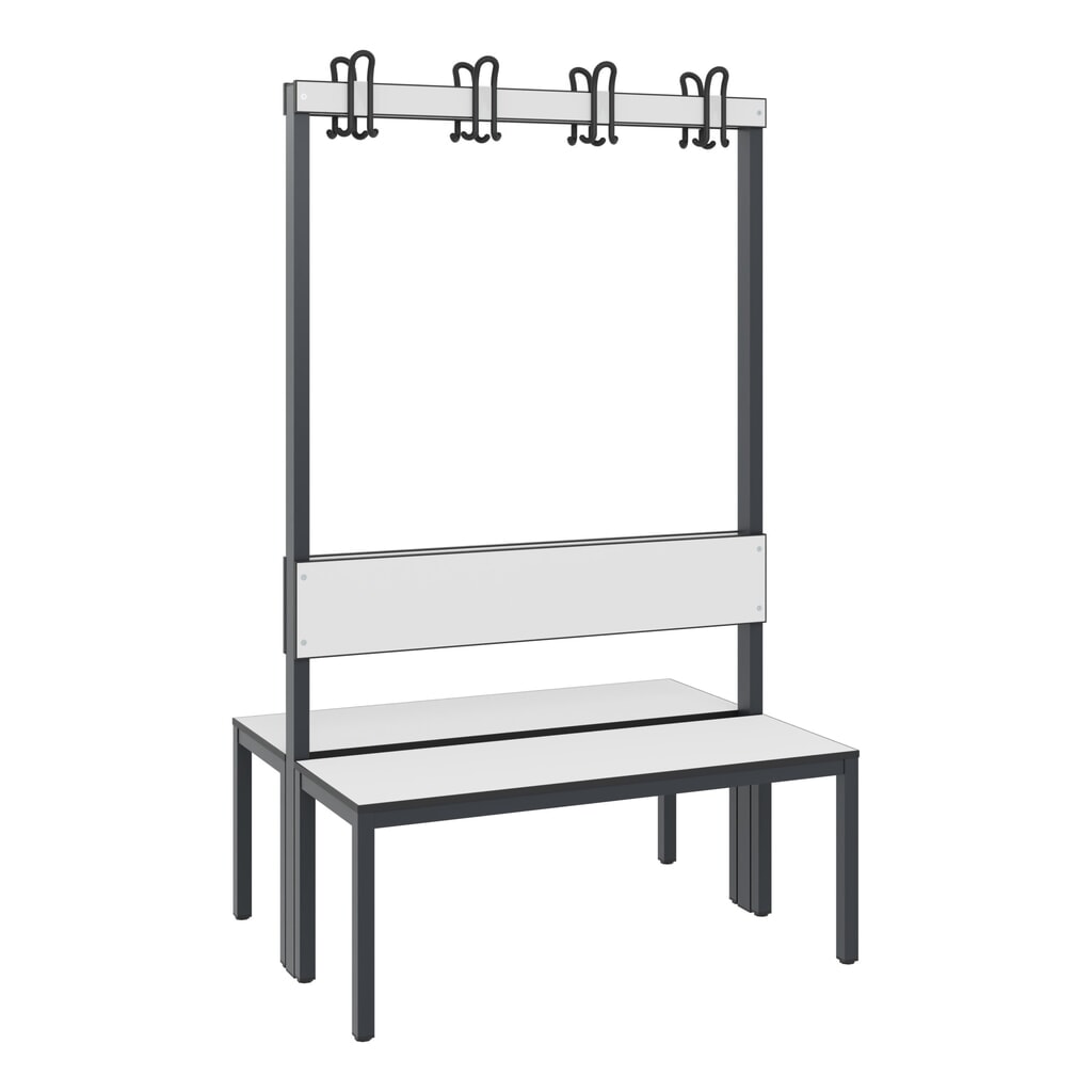 C+P Umkleidebank Basic Plus, Länge 1.000 mm, doppelseitig, mit Rückenlehne, 2x4 Doppelhaken, schwarzgrau/weiß Produktabbildung Nr. 1: C+P Umkleidebank Basic Plus, Länge 1.000 mm, doppelseitig, mit Rückenlehne, 2x4 Doppelhaken, schwarzgrau/weiß