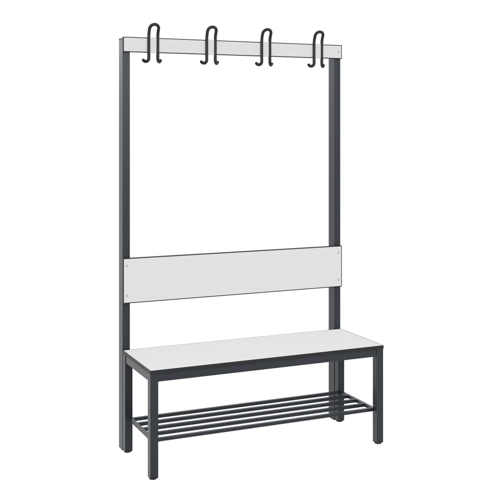 Produktabbildung: C+P Umkleidebank Basic Plus, Länge 1.000 mm, einseitig, mit Rückenlehne, 4 Doppelhaken, inkl. Schuhrost, schwarzgrau/weiß