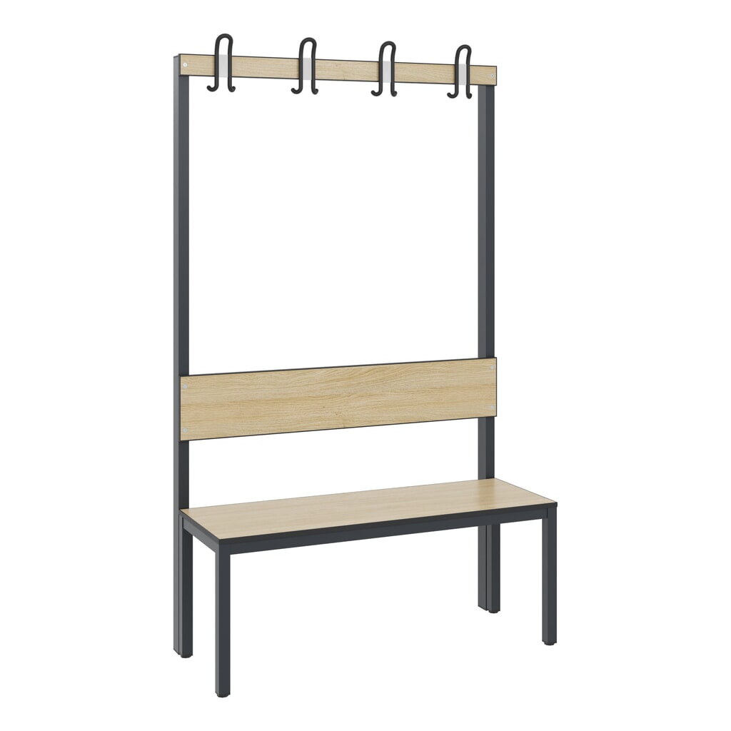 Produktabbildung: C+P Umkleidebank Basic Plus, Länge 1.000 mm, einseitig, mit Rückenlehne, 4 Doppelhaken, schwarzgrau/Eiche Sereno