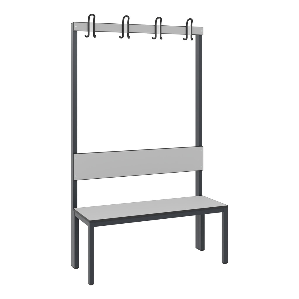 Produktabbildung: C+P Umkleidebank Basic Plus, Länge 1.000 mm, einseitig, mit Rückenlehne, 4 Doppelhaken, schwarzgrau/silbergrau