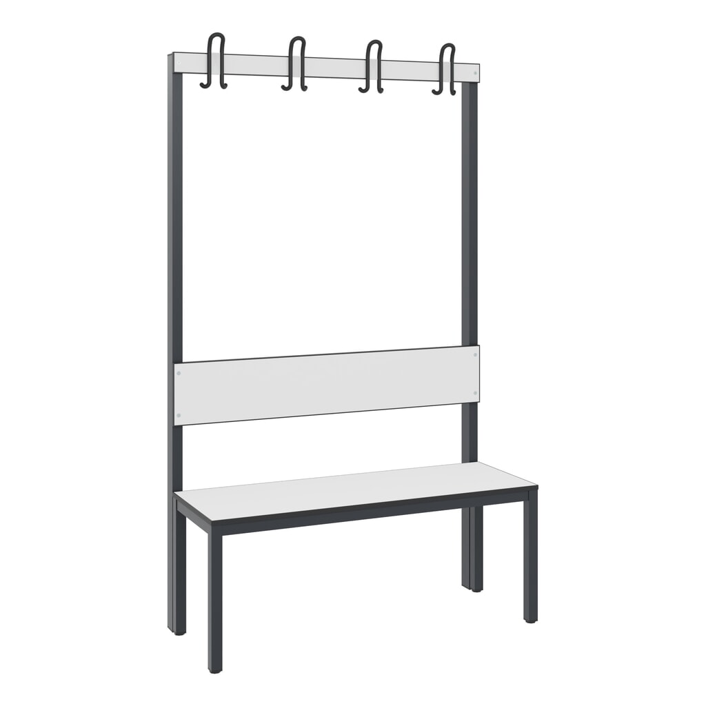 C+P Umkleidebank Basic Plus, Länge 1.000 mm, einseitig, mit Rückenlehne, 4 Doppelhaken, schwarzgrau/weiß Produktabbildung: C+P Umkleidebank Basic Plus, Länge 1.000 mm, einseitig, mit Rückenlehne, 4 Doppelhaken, schwarzgrau/weiß