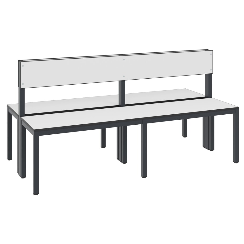 Produktabbildung: C+P Umkleidebank Basic Plus, Länge 1.500 mm, doppelseitig, mit Rückenlehne, schwarzgrau/weiß
