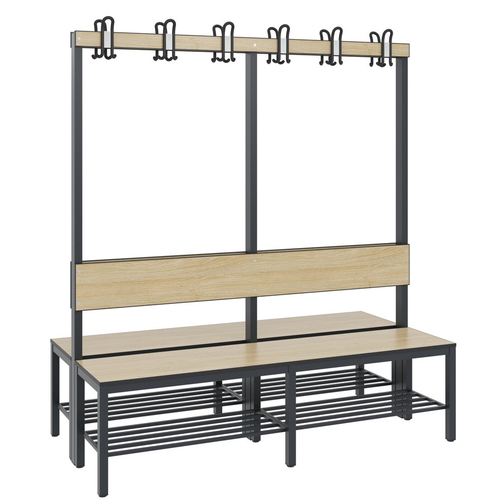 Produktabbildung Nr. 1: C+P Umkleidesitzbank Basic Plus, Länge 1.500 mm, doppelseitig, mit Rückenlehne, 2x6 Doppelhaken, inkl. Schuhrost, schwarzgrau/Eiche Sereno