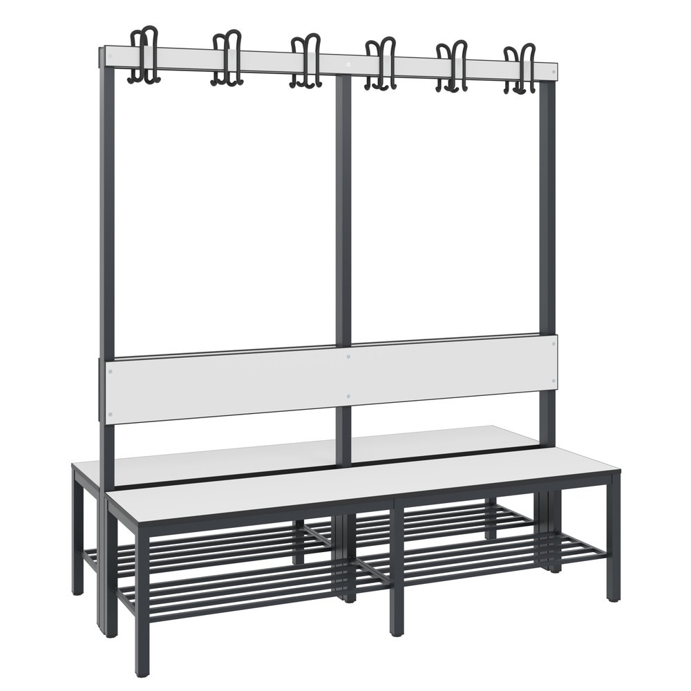 Produktabbildung Nr. 1: C+P Umkleidesitzbank Basic Plus, Länge 1.500 mm, doppelseitig, mit Rückenlehne, 2x6 Doppelhaken, inkl. Schuhrost, schwarzgrau/weiß