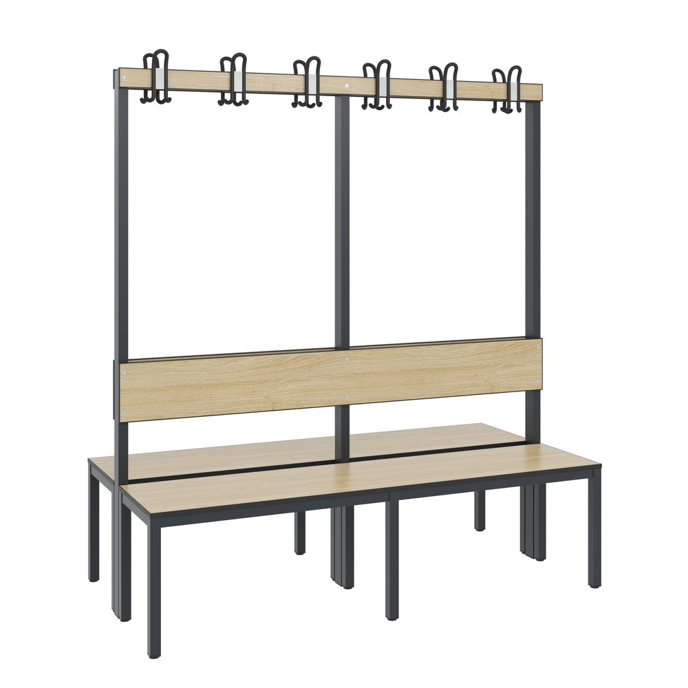 Produktabbildung Nr. 1: C+P Umkleidesitzbank Basic Plus, Länge 1.500 mm, doppelseitig, mit Rückenlehne, 2x6 Doppelhaken, schwarzgrau/Eiche Sereno