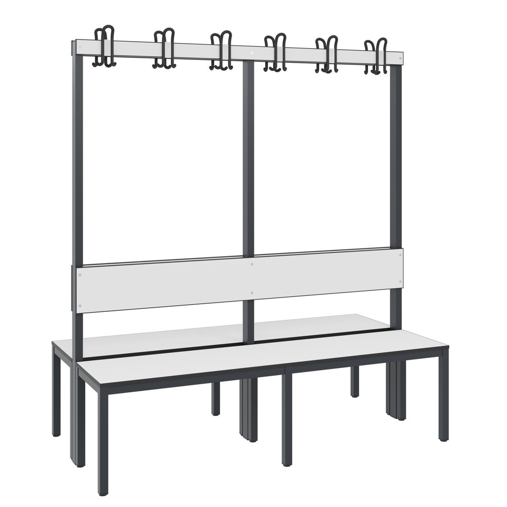 Produktabbildung: C+P Umkleidesitzbank Basic Plus, Länge 1.500 mm, doppelseitig, mit Rückenlehne, 2x6 Doppelhaken, schwarzgrau/weiß