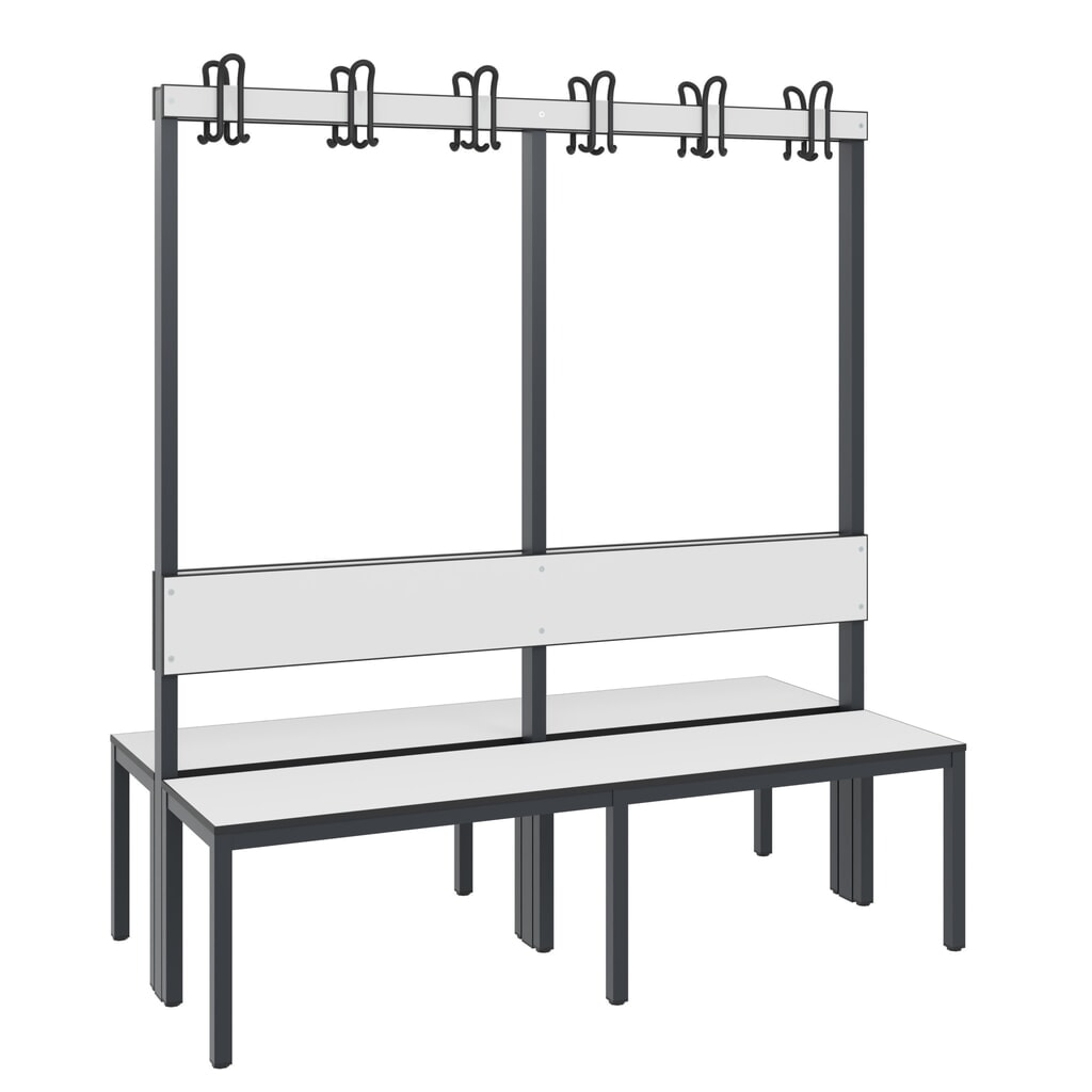 Produktabbildung: C+P Umkleidebank Basic Plus, Länge 1.500 mm, doppelseitig, mit Rückenlehne, 2x6 Doppelhaken, schwarzgrau/weiß
