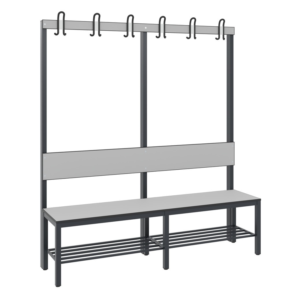 Produktabbildung Nr. 1: C+P Umkleidesitzbank Basic Plus, Länge 1.500 mm, einseitig, mit Rückenlehne, 6 Doppelhaken, inkl. Schuhrost, schwarzgrau/silbergrau