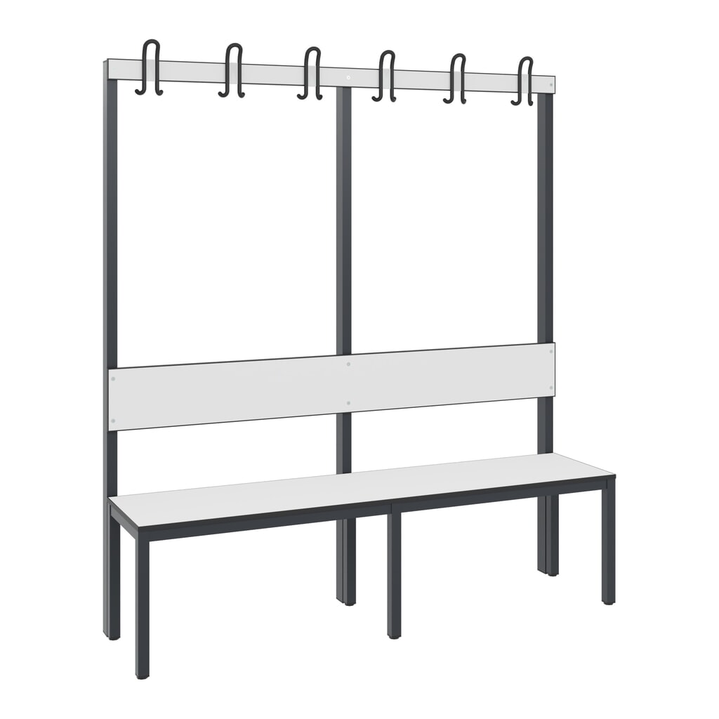 Produktabbildung: C+P Umkleidebank Basic Plus, Länge 1.500 mm, einseitig, mit Rückenlehne, 6 Doppelhaken, schwarzgrau/weiß