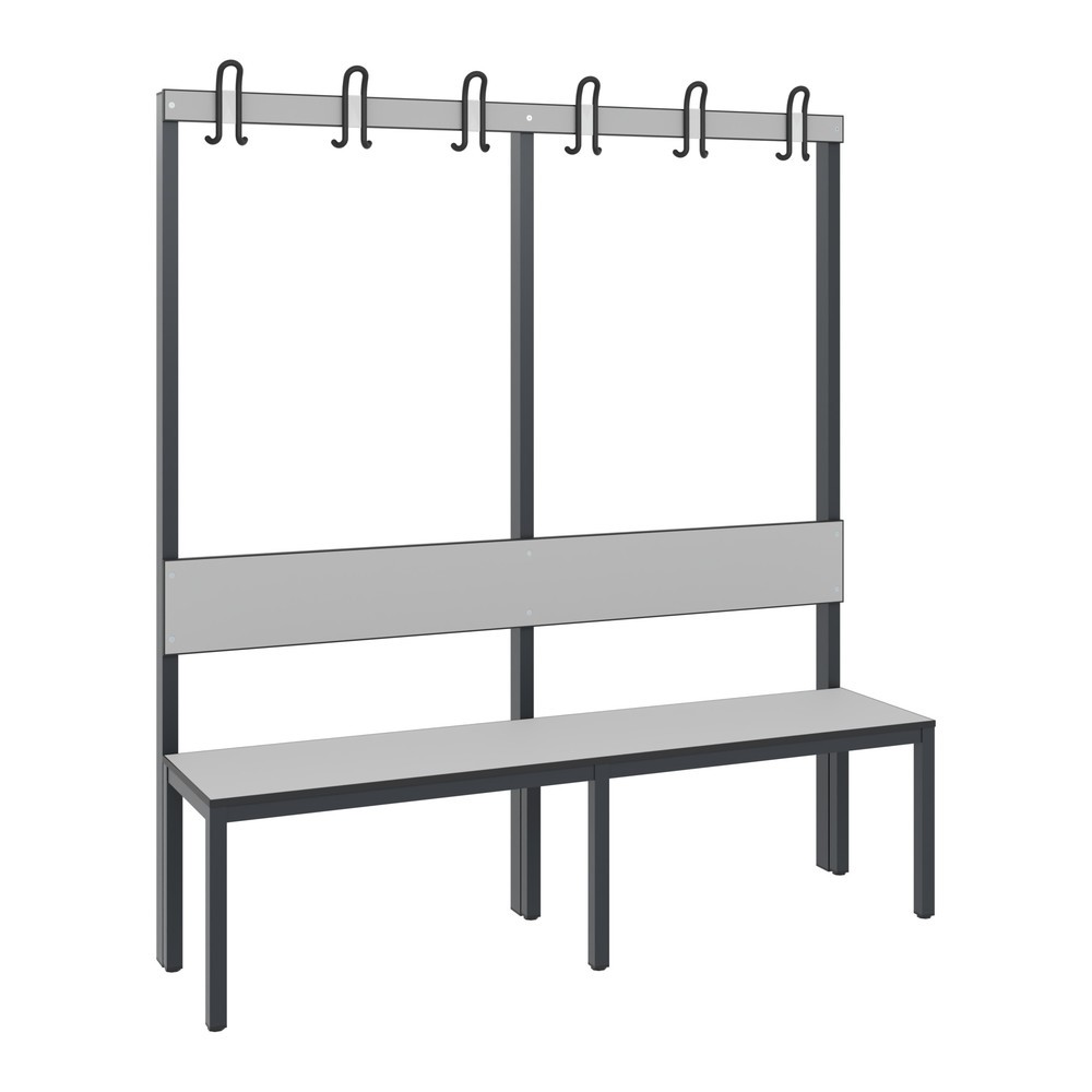 Produktabbildung: C+P Umkleidesitzbank Basic Plus, Länge 1.500 mm, einseitig, mit Rückenlehne, 6 Doppelhaken, schwarzgrau/silbergrau
