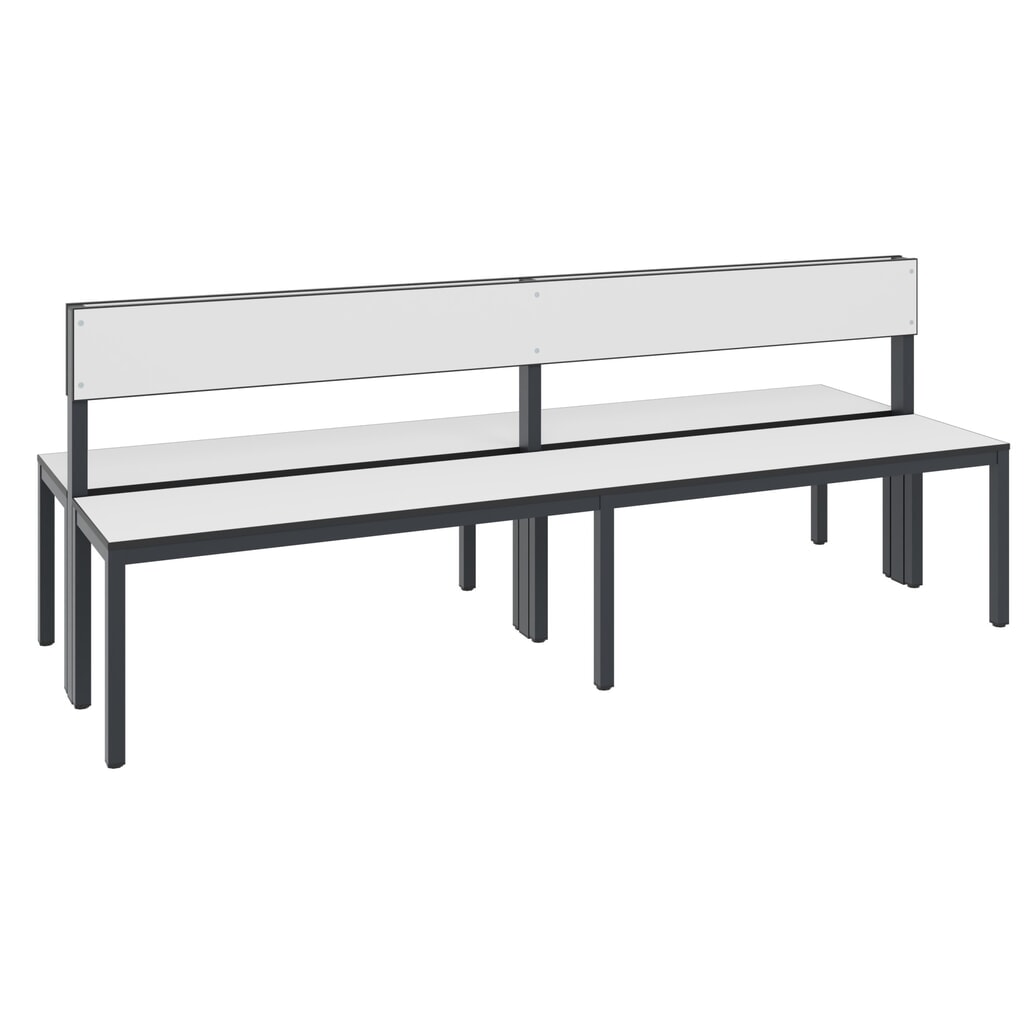 Produktabbildung: C+P Umkleidebank Basic Plus, Länge 1.960 mm, doppelseitig, mit Rückenlehne, schwarzgrau/weiß
