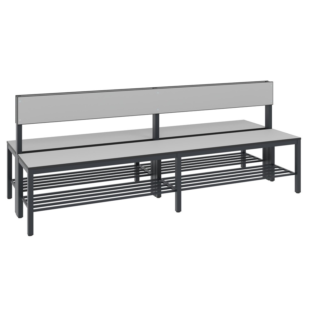 Produktabbildung: C+P Umkleidesitzbank Basic Plus, Länge 1.960 mm, doppelseitig, mit Rückenlehne, inkl. Schuhrost, schwarzgrau/silbergrau