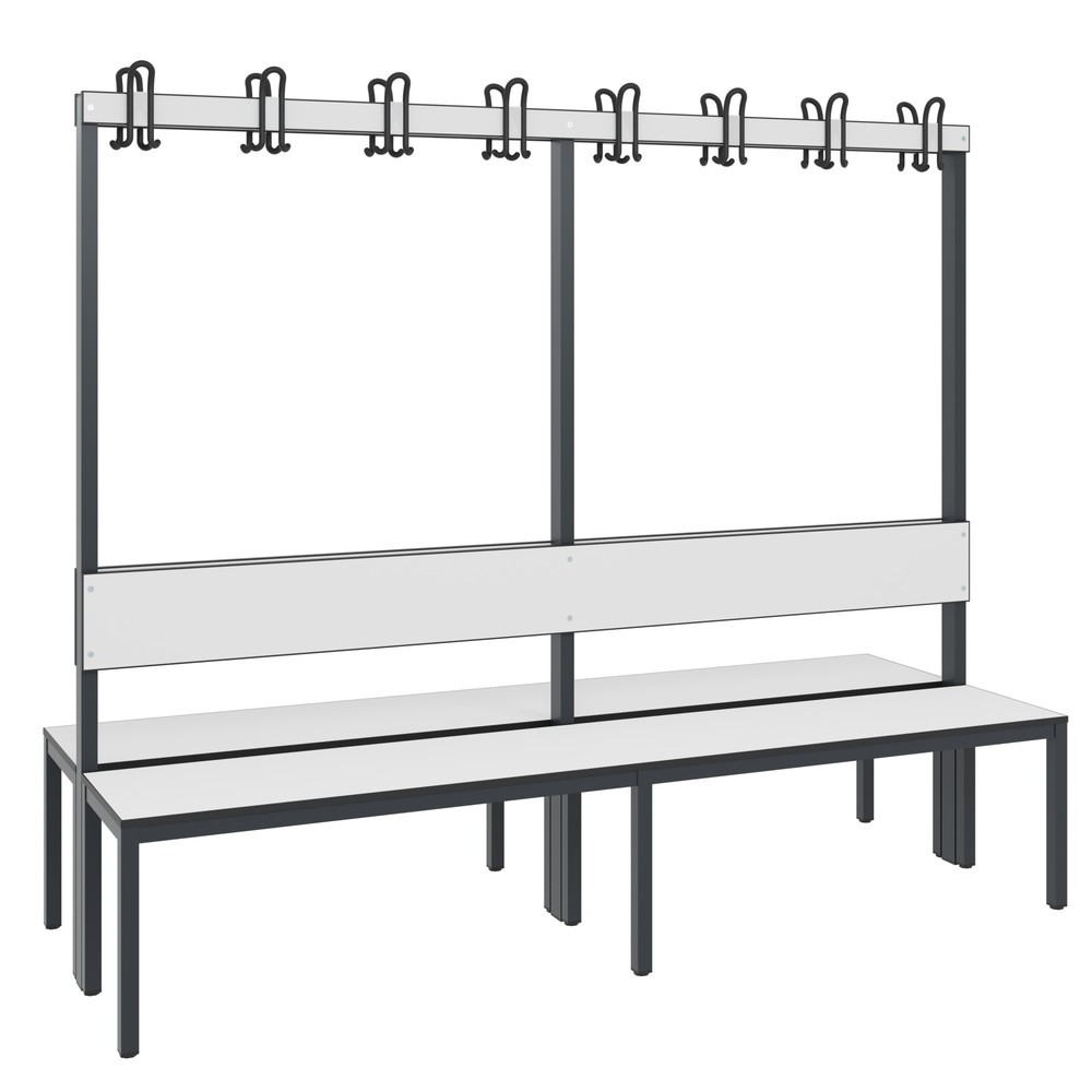 Produktabbildung Nr. 1: C+P Umkleidesitzbank Basic Plus, Länge 1.960 mm, doppelseitig, mit Rückenlehne, 2x8 Doppelhaken, schwarzgrau/weiß