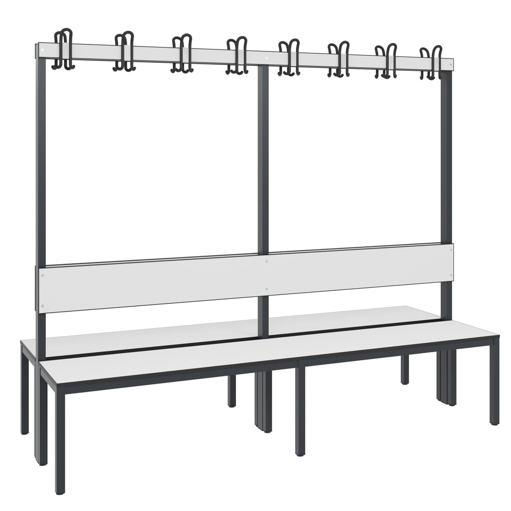 C+P Umkleidebank Basic Plus, Länge 1.960 mm, doppelseitig, mit Rückenlehne, 2x8 Doppelhaken, schwarzgrau/weiß Produktabbildung: C+P Umkleidebank Basic Plus, Länge 1.960 mm, doppelseitig, mit Rückenlehne, 2x8 Doppelhaken, schwarzgrau/weiß