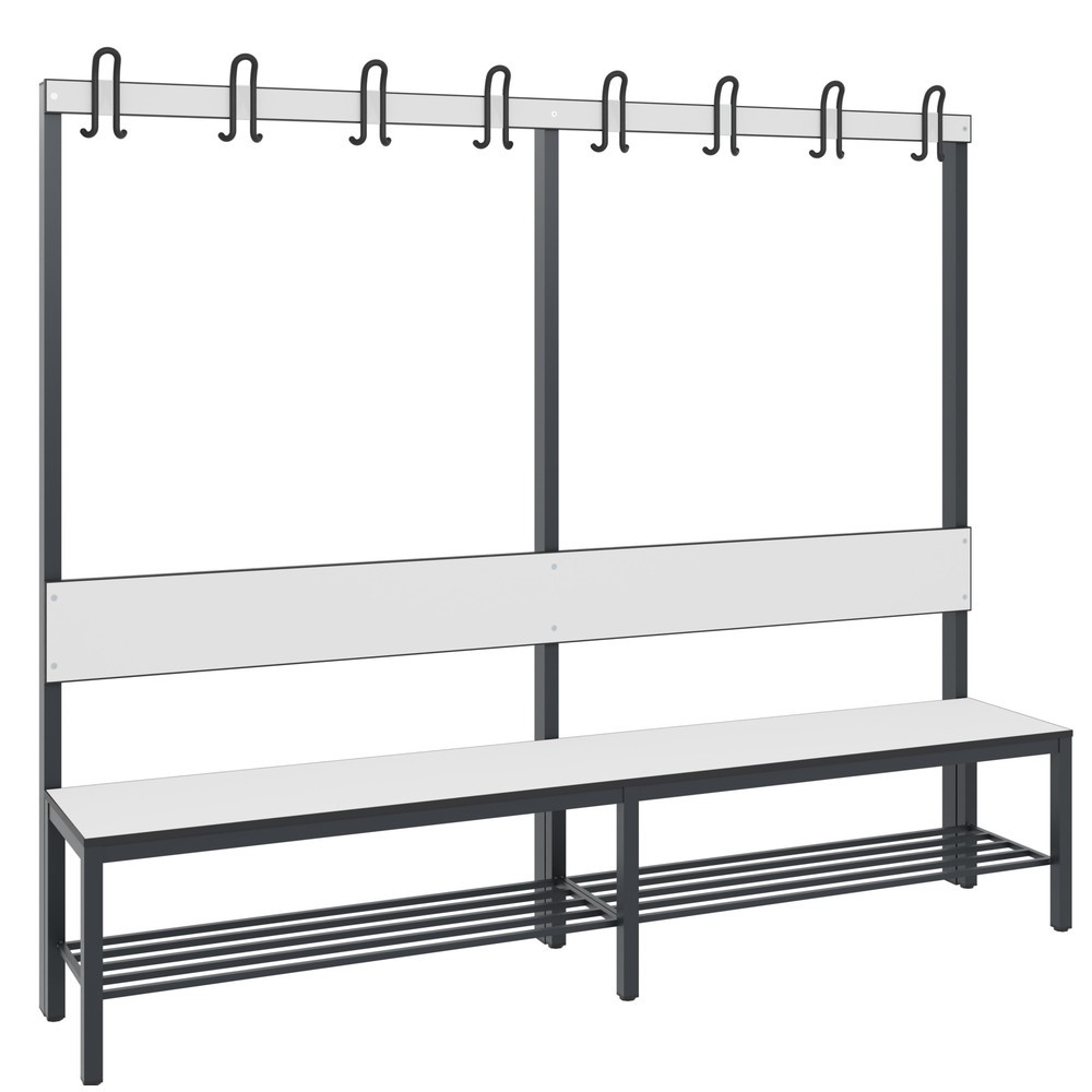 Produktabbildung Nr. 1: C+P Umkleidesitzbank Basic Plus, Länge 1.960 mm, einseitig, mit Rückenlehne, 8 Doppelhaken, inkl. Schuhrost, schwarzgrau/weiß