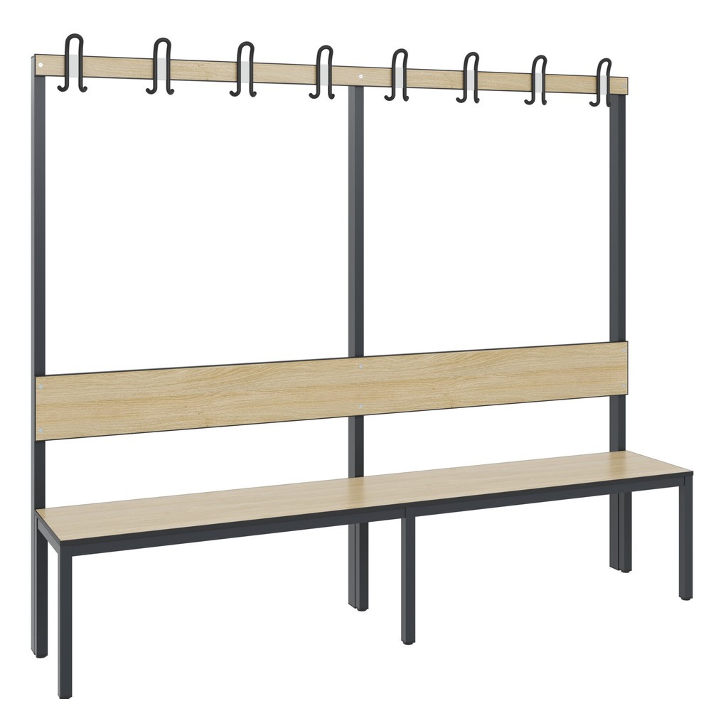 Produktabbildung Nr. 1: C+P Umkleidesitzbank Basic Plus, Länge 1.960 mm, einseitig, mit Rückenlehne, 8 Doppelhaken, schwarzgrau/Eiche Sereno