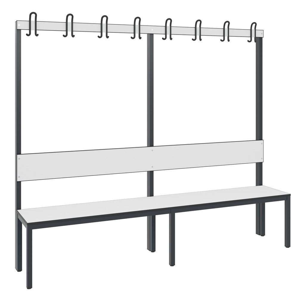 Produktabbildung: C+P Umkleidesitzbank Basic Plus, Länge 1.960 mm, einseitig, mit Rückenlehne, 8 Doppelhaken, schwarzgrau/weiß