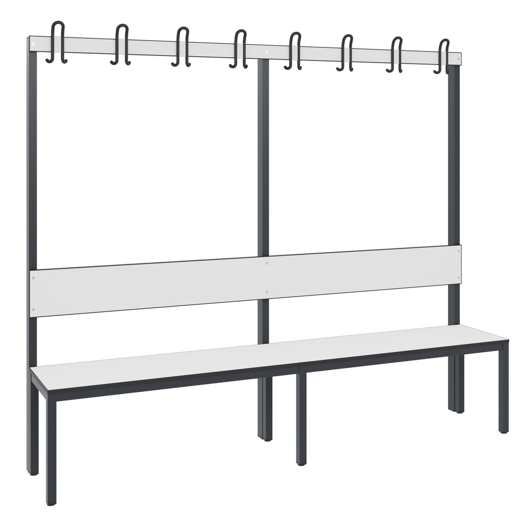 Produktabbildung Nr. 1: C+P Umkleidebank Basic Plus, Länge 1.960 mm, einseitig, mit Rückenlehne, 8 Doppelhaken, schwarzgrau/weiß