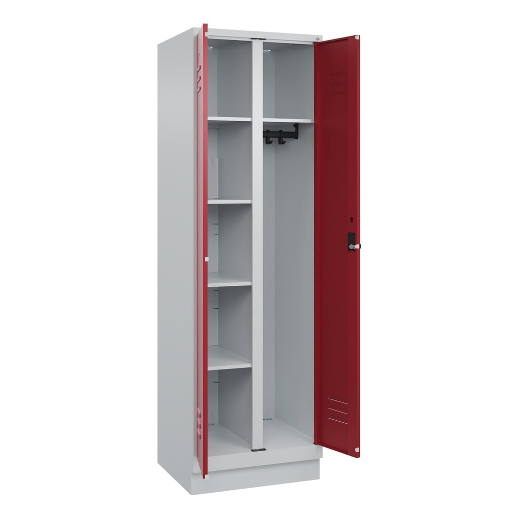 C+P Mehrzweck-Putzmittelschrank Classic PLUS, Sockel, 2 Abteile, HxBxT 1.950 x 600 x 500 mm, lichtgrau, rubinrot, für Vorhängeschloss Produktabbildung Nr. 1: C+P Mehrzweck-Putzmittelschrank Classic PLUS, Sockel, 2 Abteile, HxBxT 1.950 x 600 x 500 mm, lichtgrau, rubinrot, für Vorhängeschloss