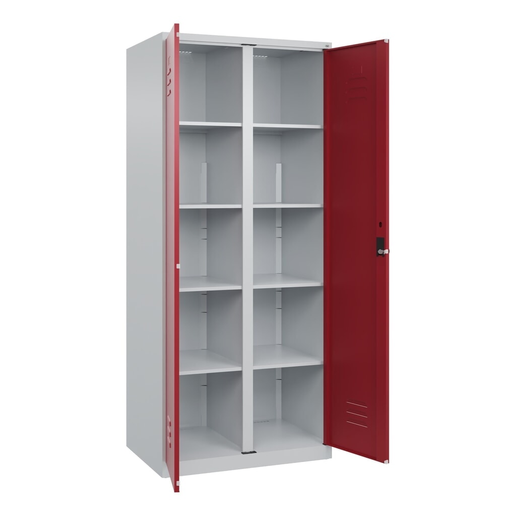 Produktabbildung: C+P Wäsche-Spind Classic PLUS, 2 Abteile, HxBxT 1.850 x 800 x 500 mm, lichtgrau, rubinrot, für Vorhängeschloss, mit Mitteltrennwand