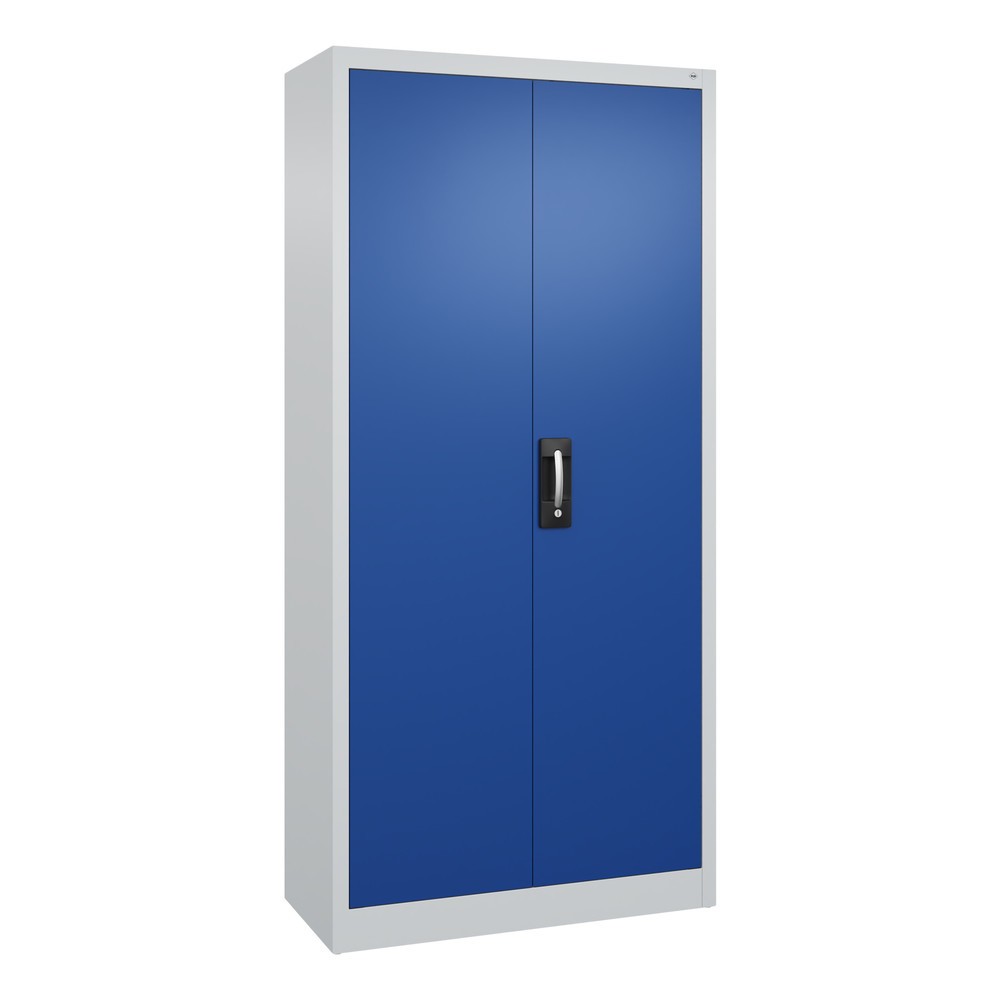 Produktabbildung: C+P Werkstatt-Flügeltürschrank mit 4 Fachböden, HxBxT 1.950 x  930 x 400 mm, lichtgrau, enzianblau