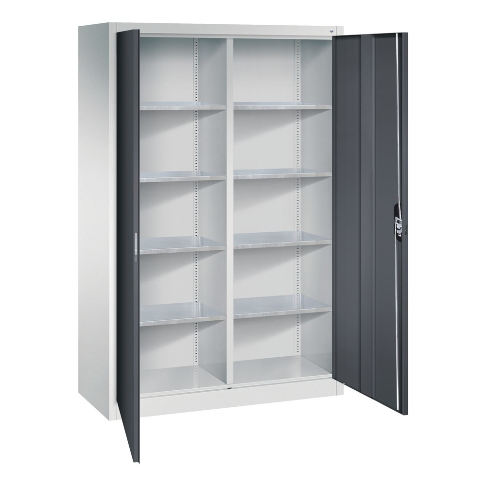 Produktabbildung Nr. 1: C+P Werkstatt-Flügeltürschrank mit Mittelwand + 8 Fachböden, HxBxT 1.950 x 1.200 x 500 mm, lichtgrau, schwarzgrau