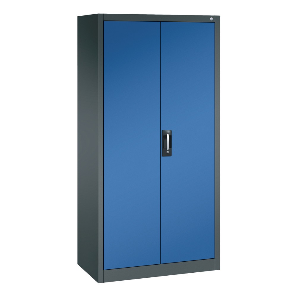 Produktabbildung: C+P Werkstatt-Flügeltürschrank mit Mittelwand + 8 Fachböden, HxBxT 1.950 x 930 x 500 mm, anthrazitgrau, enzianblau