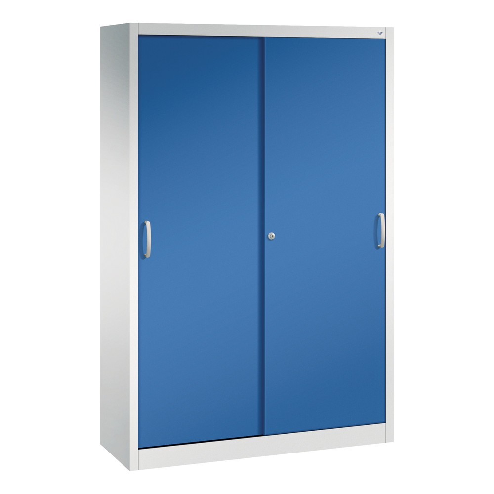 Produktabbildung: C+P Werkstatt-Schiebetürenschrank mit 4 Fachböden, HxBxT 1.950 x 1.200 x 400 mm, lichtgrau, enzianblau