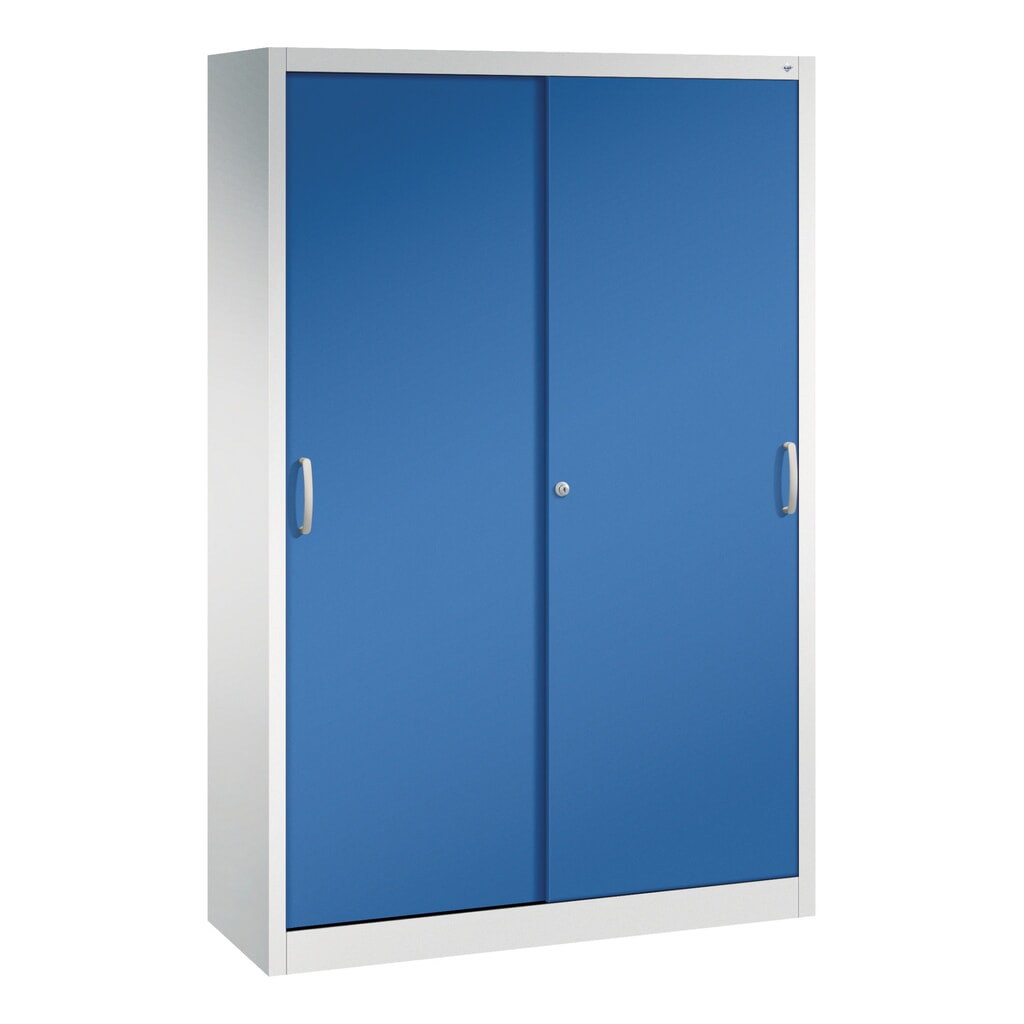 Produktabbildung: C+P Werkstatt-Schiebetürenschrank mit 4 Fachböden, HxBxT 1.950 x 1.200 x 400 mm, lichtgrau, enzianblau