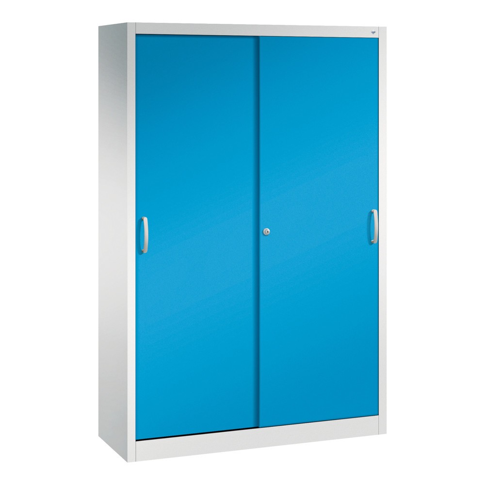 Produktabbildung: C+P Werkstatt-Schiebetürenschrank mit 4 Fachböden, HxBxT 1.950 x 1.200 x 400 mm, lichtgrau, lichtblau
