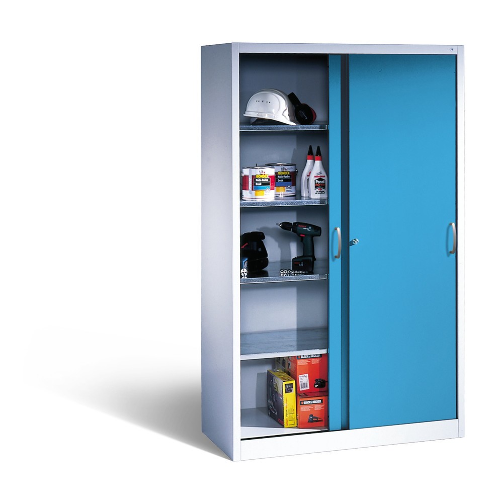 Produktabbildung Nr. 4: C+P Werkstatt-Schiebetürenschrank mit 4 Fachböden, HxBxT 1.950 x 1.200 x 400 mm, lichtgrau, lichtblau