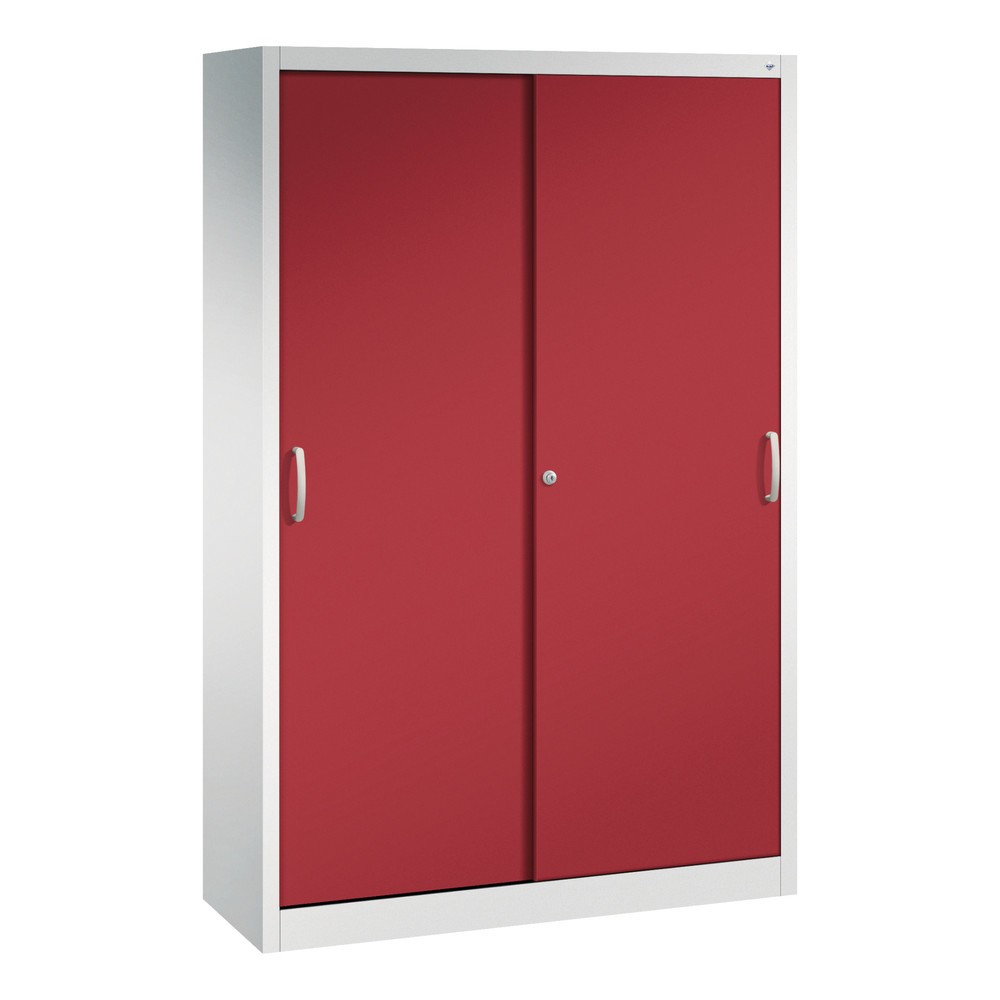 Produktabbildung: C+P Werkstatt-Schiebetürenschrank mit 4 Fachböden, HxBxT 1.950 x 1.200 x 400 mm, lichtgrau, rubinrot