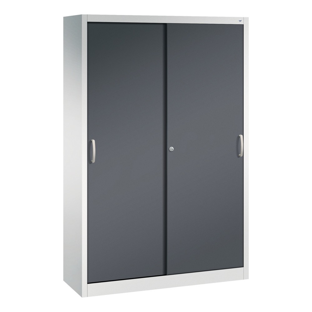 Produktabbildung: C+P Werkstatt-Schiebetürenschrank mit 4 Fachböden, HxBxT 1.950 x 1.200 x 400 mm, lichtgrau, schwarzgrau
