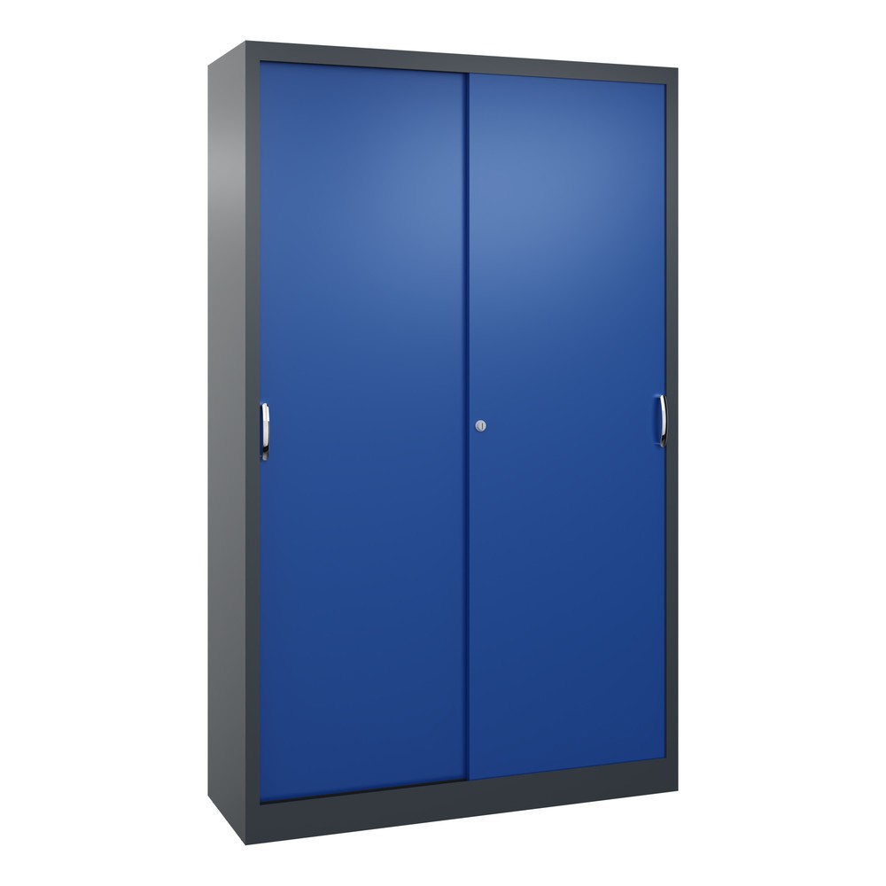 Produktabbildung: C+P Werkstatt-Schiebetürenschrank mit 4 Fachböden, HxBxT 1.950 x 1.200 x 400 mm, anthrazitgrau, enzianblau