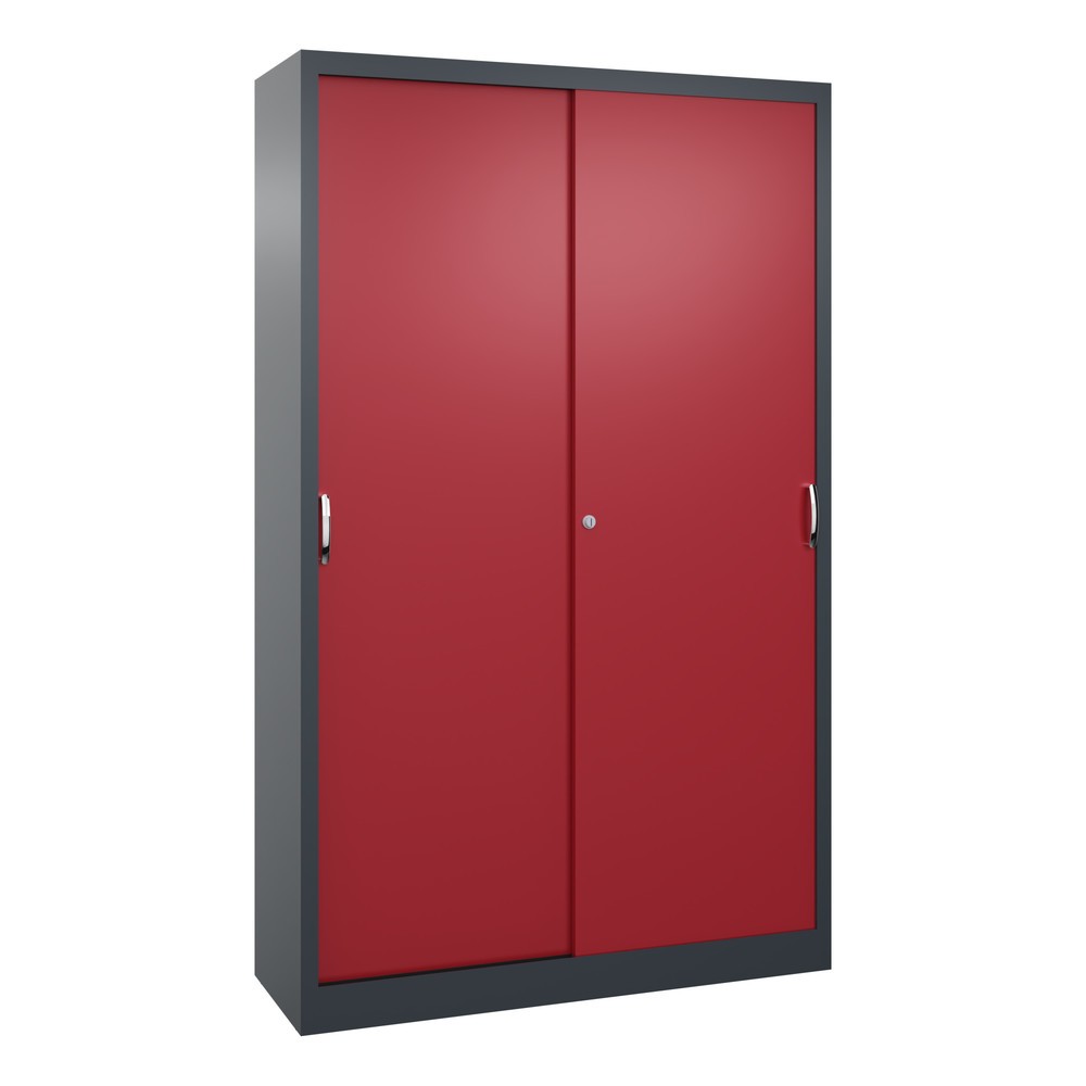 Produktabbildung: C+P Werkstatt-Schiebetürenschrank mit 4 Fachböden, HxBxT 1.950 x 1.200 x 400 mm, anthrazitgrau, rubinrot