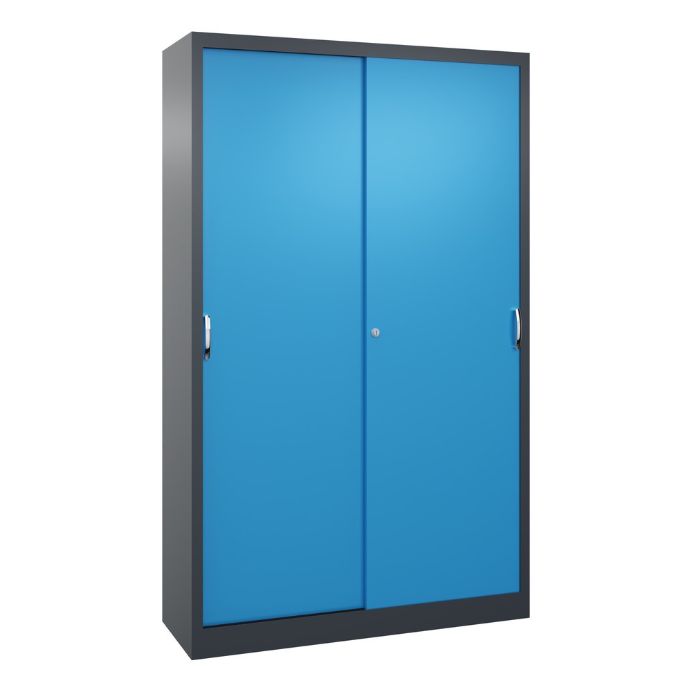 Produktabbildung: C+P Werkstatt-Schiebetürenschrank mit 4 Fachböden, HxBxT 1.950 x 1.200 x 400 mm, anthrazitgrau, lichtblau