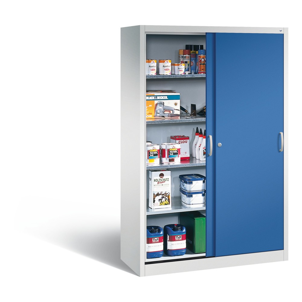 Produktabbildung Nr. 4: C+P Werkstatt-Schiebetürenschrank mit 4 Fachböden, HxBxT 1.950 x 1.200 x 500 mm, lichtgrau, enzianblau
