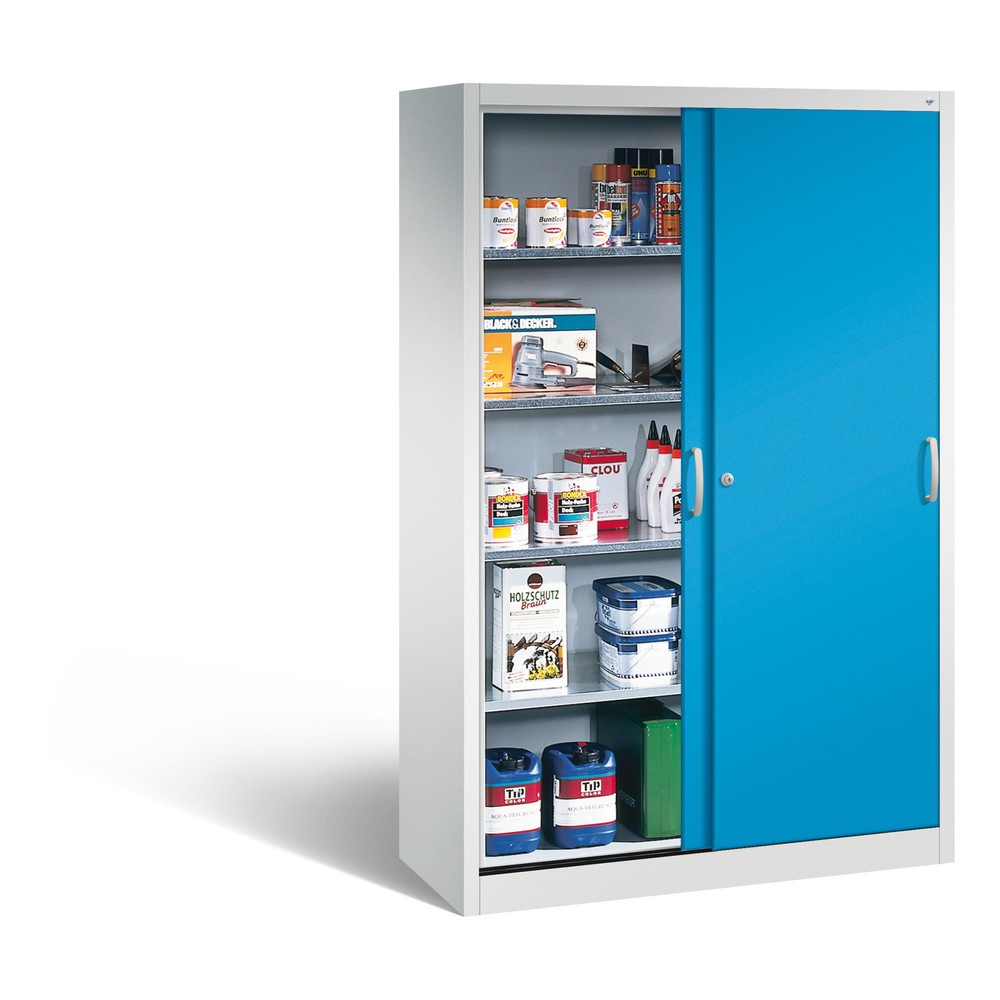 Produktabbildung Nr. 4: C+P Werkstatt-Schiebetürenschrank mit 4 Fachböden, HxBxT 1.950 x 1.200 x 500 mm, lichtgrau, lichtblau
