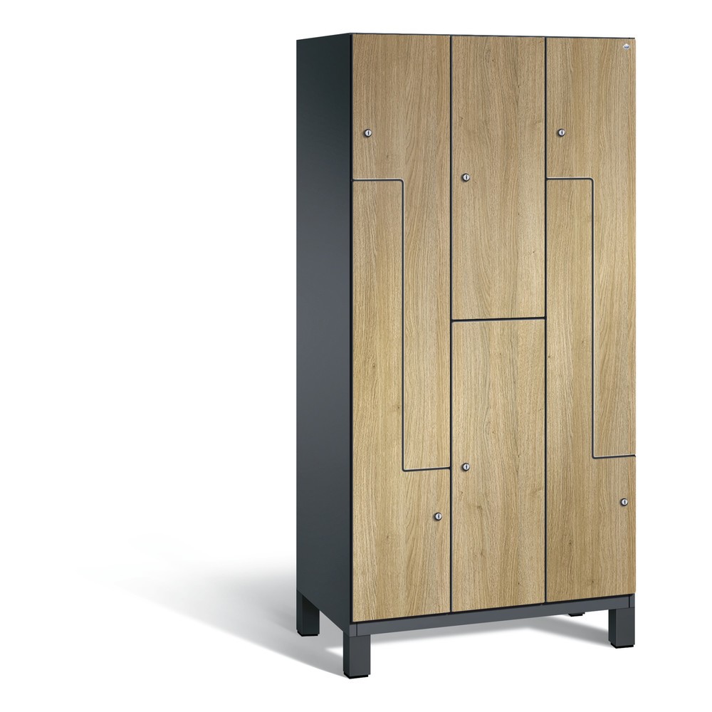 Produktabbildung: C+P Z-Kombinationsschrank Cambio, 3 Abteile, Abteilbreite 300 mm, HxBxT 1980x900x525 mm, RAL 7021 Schwarzgrau, Dekor Eiche Sereno, Füße