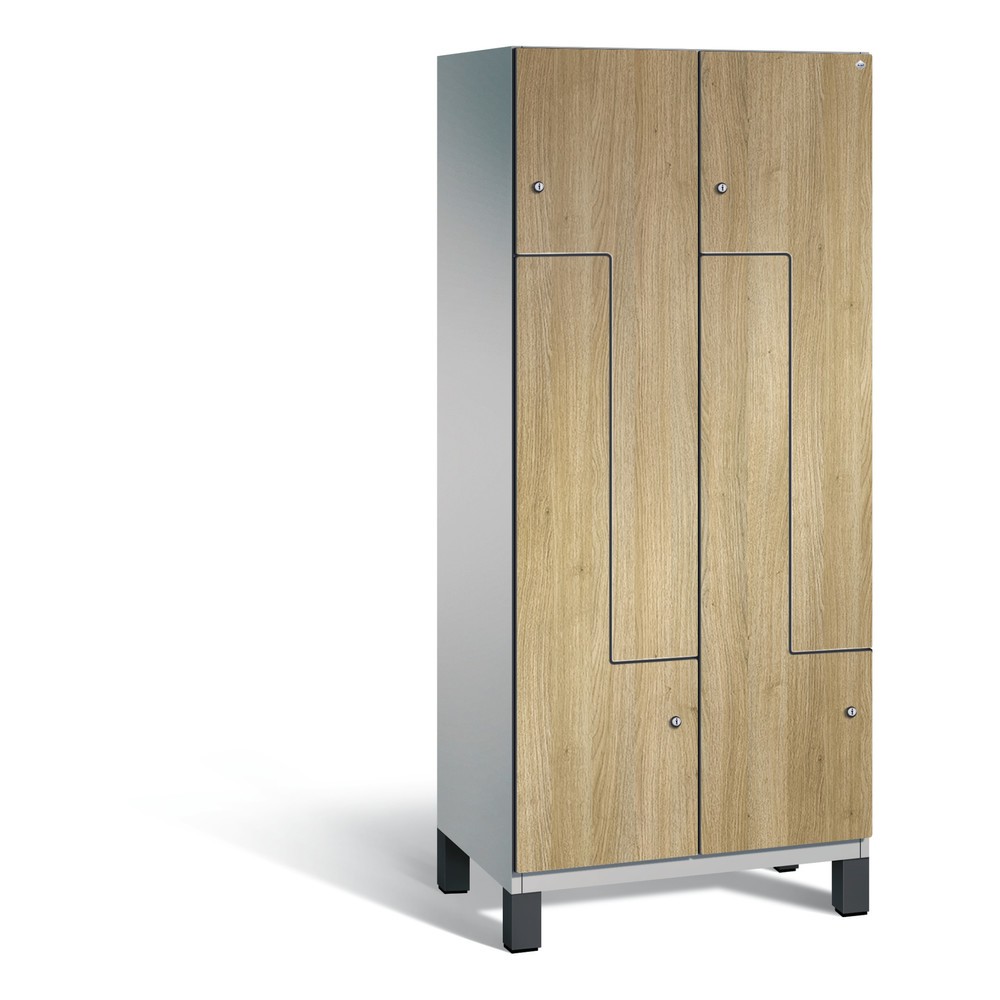 Produktabbildung: C+P Z-Garderobenschrank Cambio, 2 Abteile, Abteilbreite 400 mm, HxBxT 1980x800x525 mm, RAL 9006 Weißaluminium, Dekor Eiche Sereno, Füße