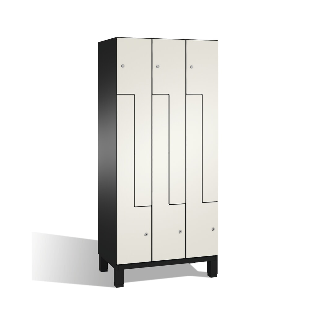 Produktabbildung: C+P Z-Spind Cambio, 3 Abteile, Abteilbreite 300 mm, HxBxT 1980x900x525 mm, RAL 7021 Schwarzgrau, Dekor Weiß, Füße