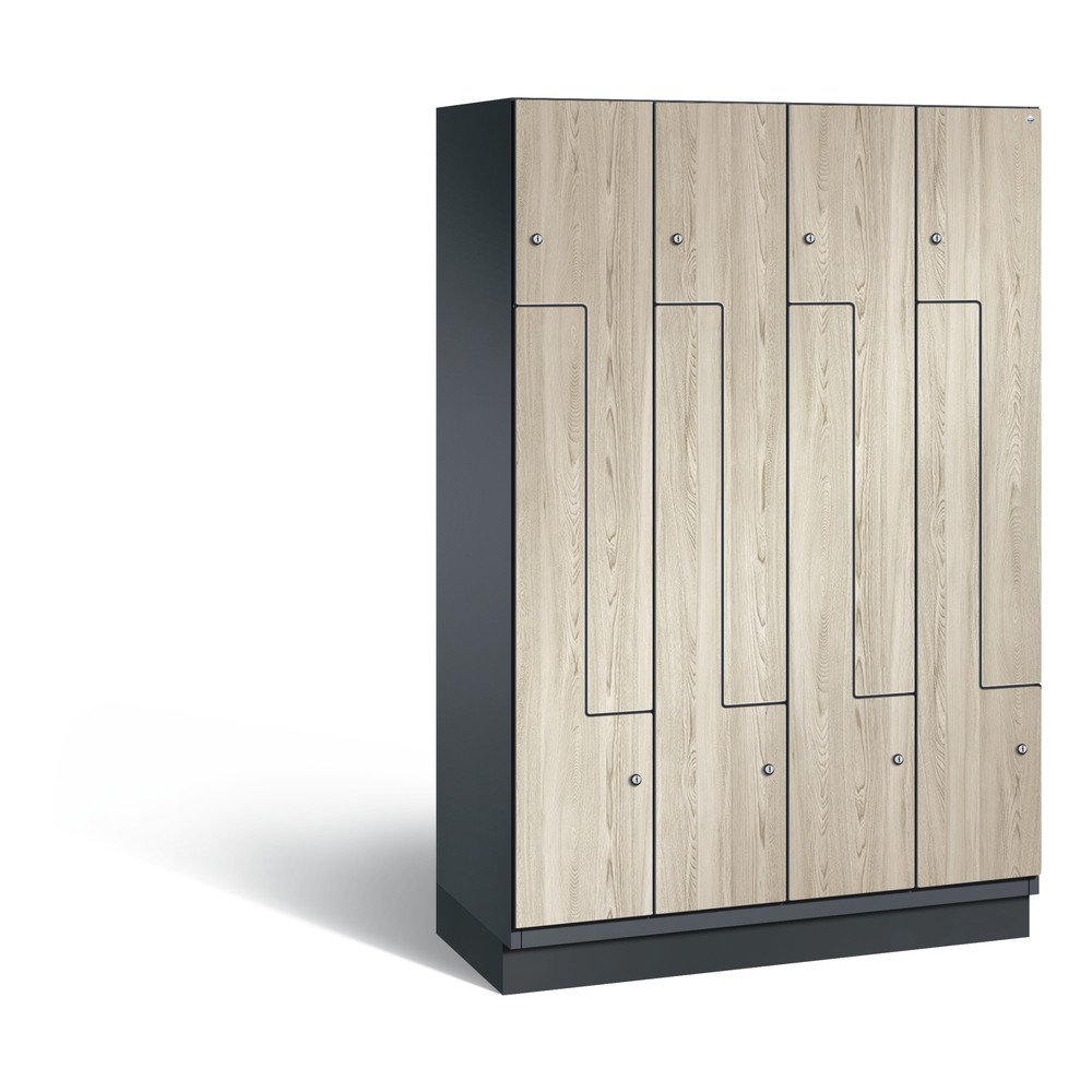 Produktabbildung: C+P Z-Spind Cambio, 4 Abteile, Abteilbreite 400 mm, HxBxT 1980x1200x525 mm, RAL 7021 Schwarzgrau, Dekor Sen-Esche, Sockel