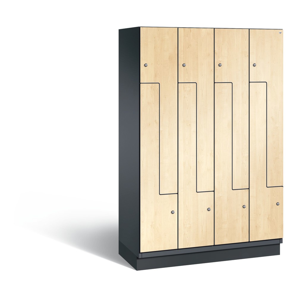 Produktabbildung: C+P Z-Spind Cambio, 4 Abteile, Abteilbreite 400 mm, HxBxT 1980x1200x525 mm, RAL 7021 Schwarzgrau, Dekor Donau-Ahorn, Sockel