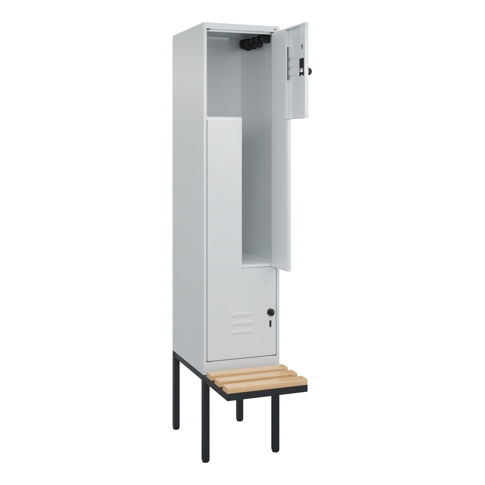 Produktabbildung Nr. 1: C+P Z-Spind Classic PLUS, 2 Abteile, HxBxT 2.120 x 400 x 815 mm, für Vorhängeschloss, auskragende Bank aus Buche, lichtgrau, lichtgrau