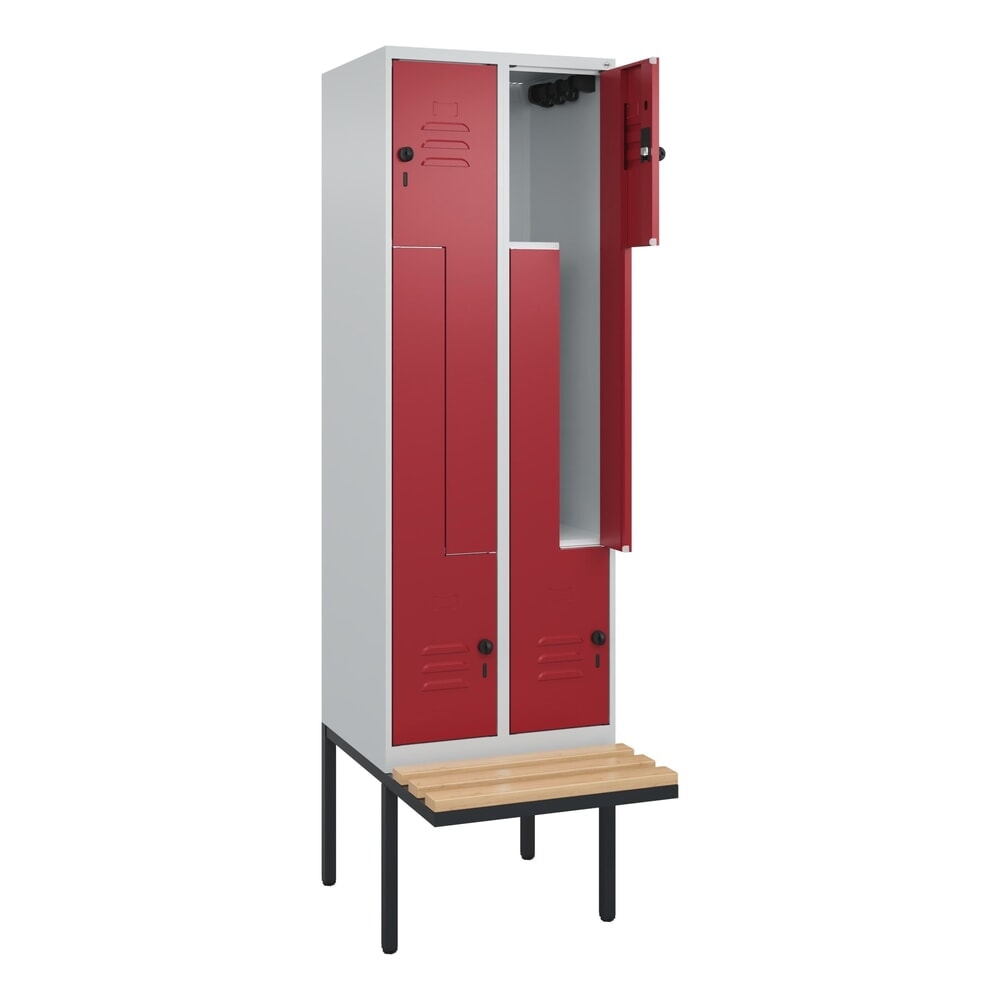 C+P Z-Spind Classic PLUS, 4 Abteile, HxBxT 2.120 x 600 x 815 mm, für Vorhängeschloss, auskragende Bank aus Buche, lichtgrau, rubinrot Produktabbildung: C+P Z-Spind Classic PLUS, 4 Abteile, HxBxT 2.120 x 600 x 815 mm, für Vorhängeschloss, auskragende Bank aus Buche, lichtgrau, rubinrot