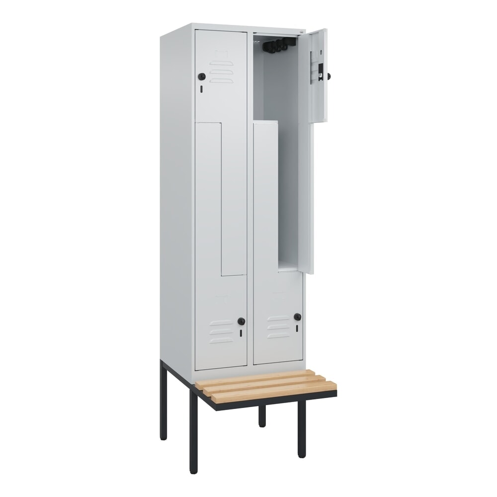 C+P Z-Spind Classic PLUS, 4 Abteile, HxBxT 2.120 x 600 x 815 mm, für Vorhängeschloss, auskragende Bank aus Buche, lichtgrau, lichtgrau Produktabbildung: C+P Z-Spind Classic PLUS, 4 Abteile, HxBxT 2.120 x 600 x 815 mm, für Vorhängeschloss, auskragende Bank aus Buche, lichtgrau, lichtgrau