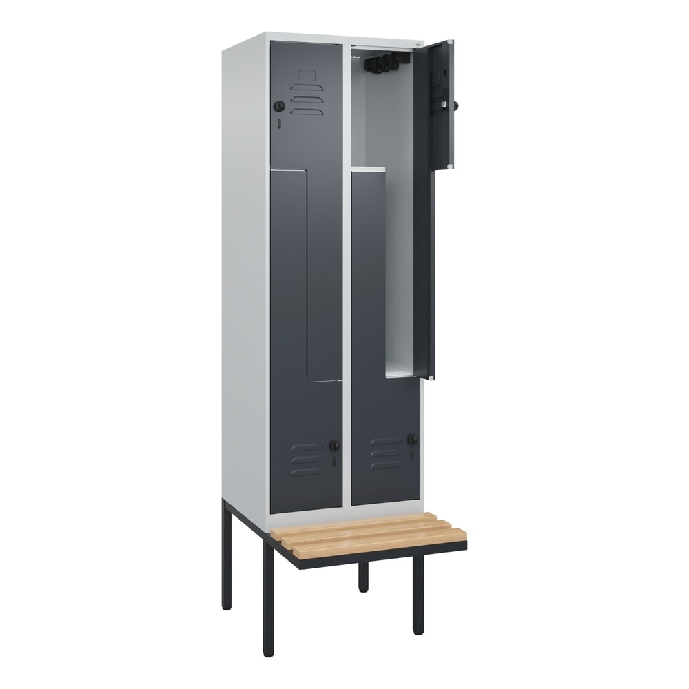 C+P Z-Spind Classic PLUS, 4 Abteile, HxBxT 2.120 x 600 x 815 mm, für Vorhängeschloss, auskragende Bank aus Buche, lichtgrau, anthrazitgrau Produktabbildung: C+P Z-Spind Classic PLUS, 4 Abteile, HxBxT 2.120 x 600 x 815 mm, für Vorhängeschloss, auskragende Bank aus Buche, lichtgrau, anthrazitgrau