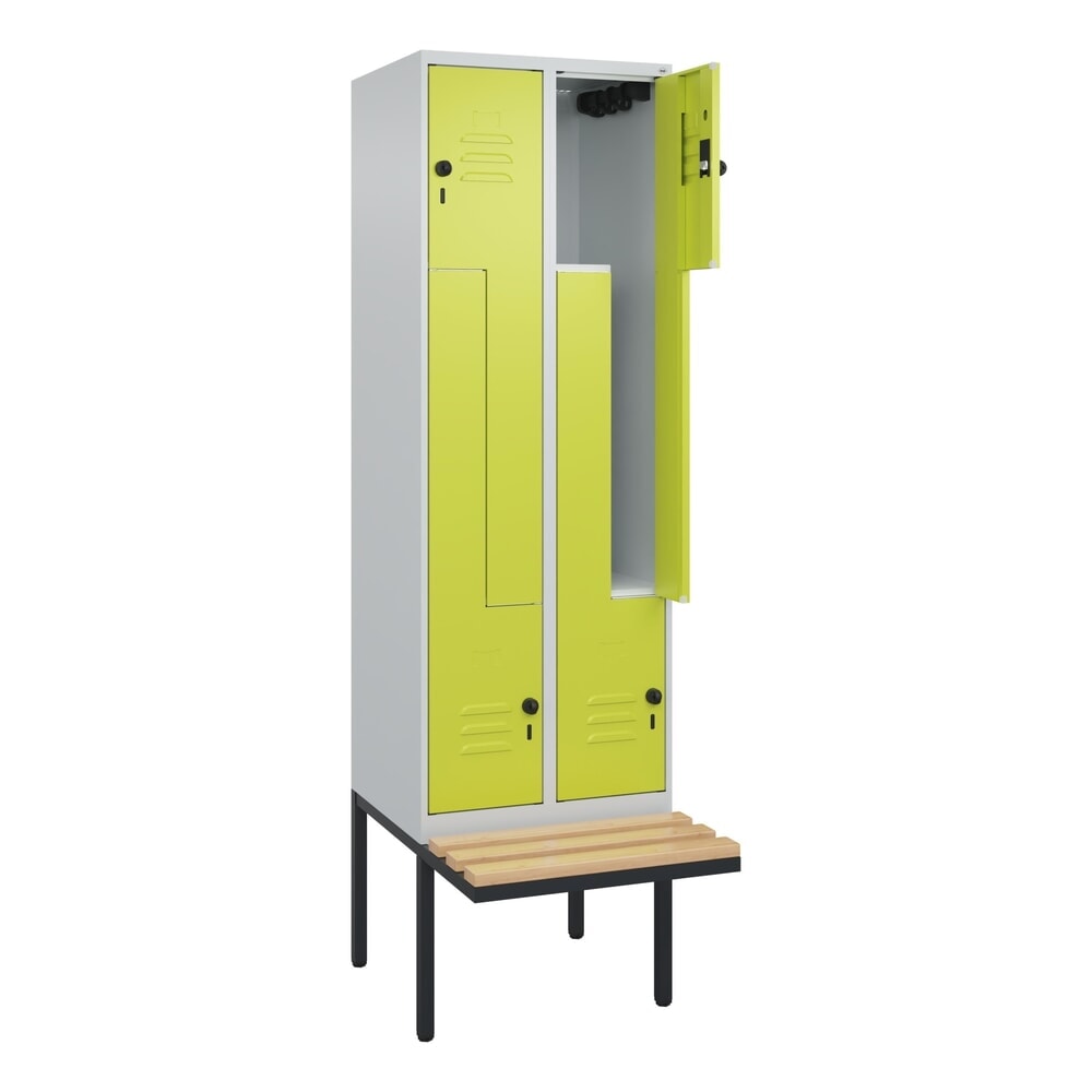 C+P Z-Spind Classic PLUS, 4 Abteile, HxBxT 2.120 x 600 x 815 mm, für Vorhängeschloss, auskragende Bank aus Buche, lichtgrau, clowngrün Produktabbildung: C+P Z-Spind Classic PLUS, 4 Abteile, HxBxT 2.120 x 600 x 815 mm, für Vorhängeschloss, auskragende Bank aus Buche, lichtgrau, clowngrün